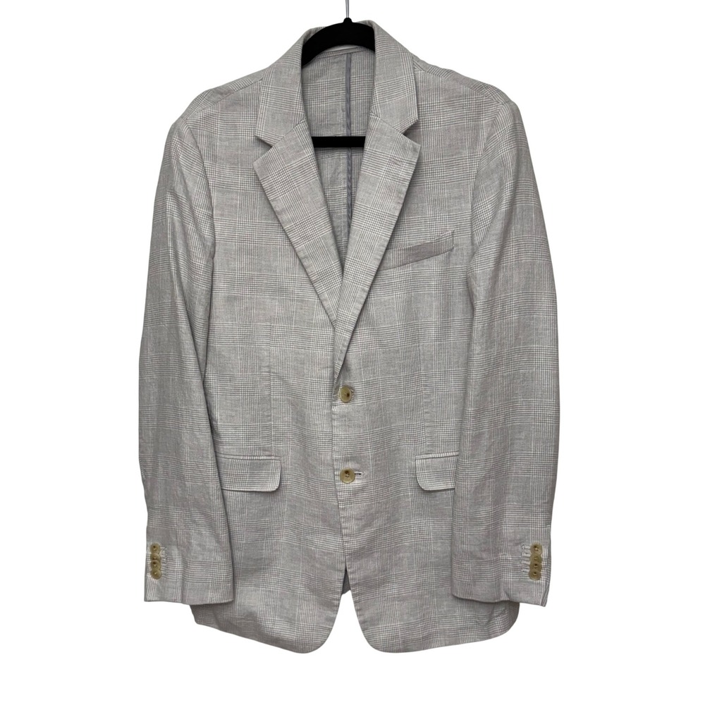 Banana Republic Mens 40L Grey Linen Cotton Glen Plaid Tailored Fit Blazer Jacket